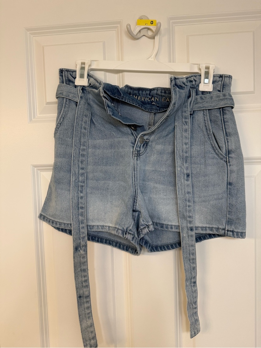 American Eagle Outfitters Light Blue High-Rise Paperbag Denim Shorts with Tie